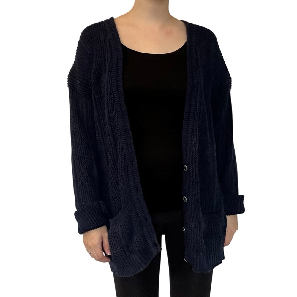 Vintage Eddie Bauer Blue Knit Sweater Cardigan Oversized Cotton Size Medium